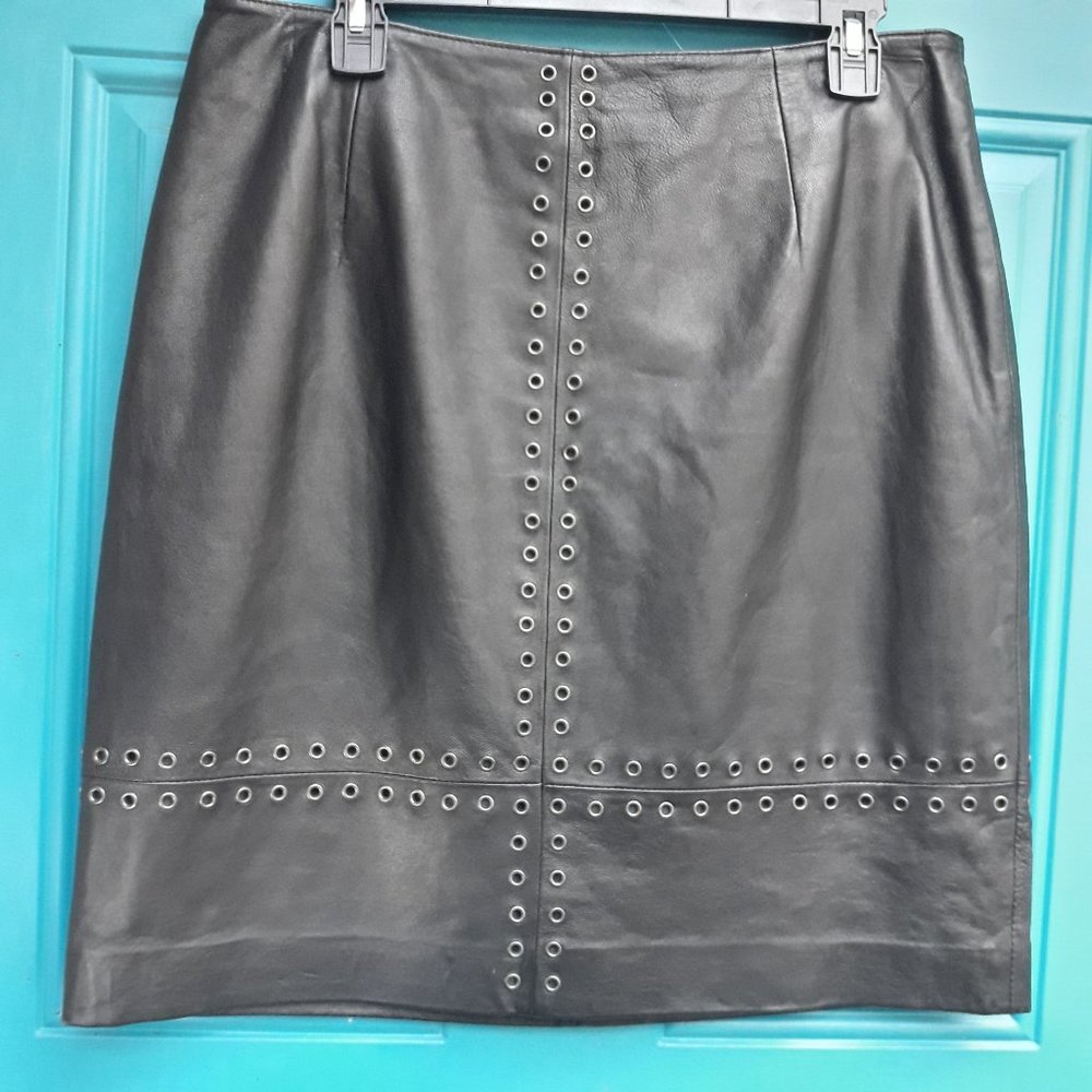 Genuine Leather Skirt Metal Studded Grommet Biker Chick Goth Vintage Fully Lined